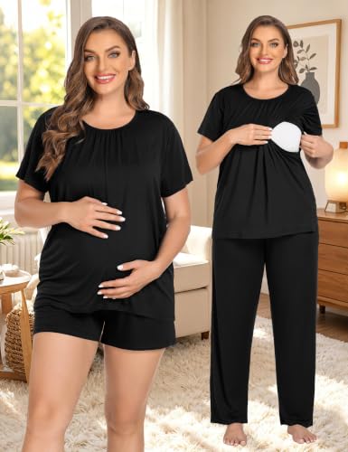 SWOMOG Women 3Pcs Maternity Pajama Set Nursing Pjs Pregnancy Set Breastfeeding Pjs Double Layer with Pockets - color: Black, size: Small