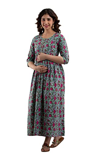 Women's Pink Cotton Pregnancy & Breastfeeding Maxi Dress - color: Grey, size: Large