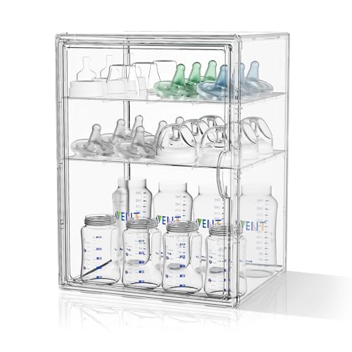 JOYZAN Clear Baby Bottle Organizer for Countertop 3 Tier Stackable Plastic Bottle Station Organizer with Adjustable Dividers Baby Bottle Storage Organizer for Cabinet,Home,Bathroom XL - size: XL-10.63''L x 10" W x 14.17" H