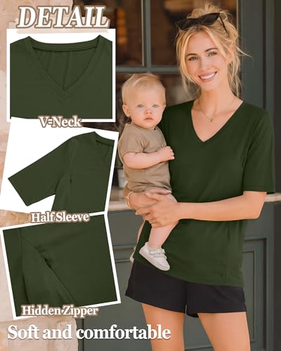4 Pack Women Nursing Shirts Breastfeeding Tops - color: Army Green, Coffee, White, Black, size: Small