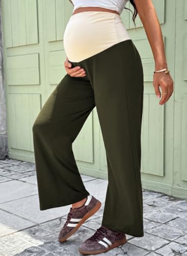 BLENCOT Women's Maternity Pants Wide Leg Over The Belly Pregnancy Pants - color: Moss Green, size: Medium