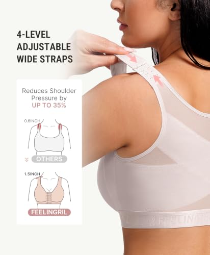 FeelinGirl Front Closure Post Surgery Compression Bra with Adjustable Straps Wireless Breast Augmentation Post Op Bras - color: Gray, size: Large
