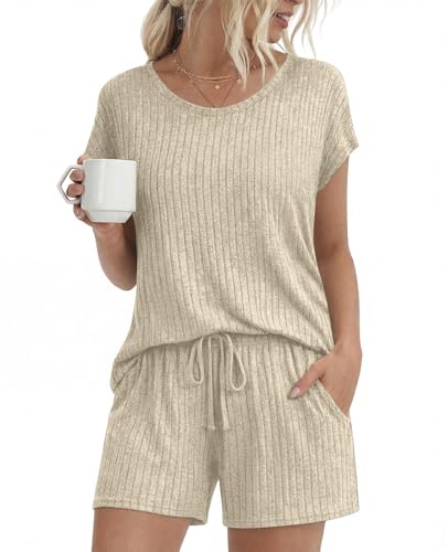 Womens Pajamas 2 Piece Lounge Sets Summer Sleepwear Short Pjs - color: Beige, size: Medium