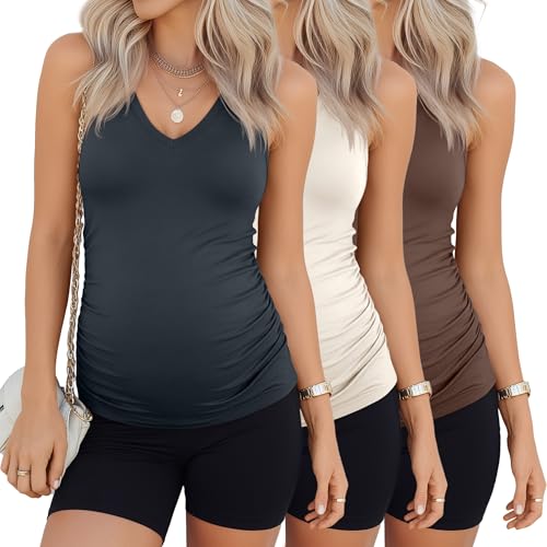 3 Pack Maternity Tank Tops - color: Charcoal Gray, Beige, Brown, size: XX-Large