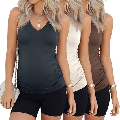 3 Pack Maternity Tank Tops - color: Charcoal Gray, Beige, Brown, size: XX-Large