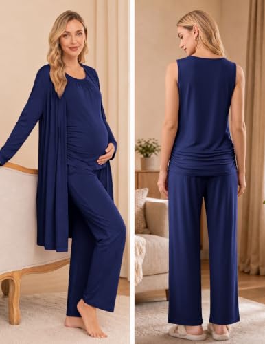Women 3PCS Maternity Robe Sets Nursing Pajamas Postpartum Breastfeeding Pjs - color: Navy Blue, size: Large