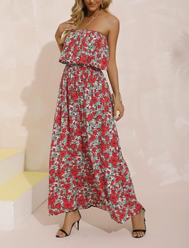 ZMPSIISA Womens Summer Off Shoulder Maxi Dress Strapless Boho Long Dresses - color: A-flower Red, size: Medium