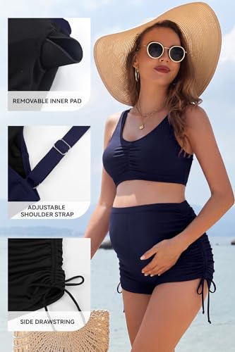 SHEKINI Women's Maternity Swimsuit Maternity Bathing Suit with Adjustable Shorts - color: Dark Blue, size: Medium