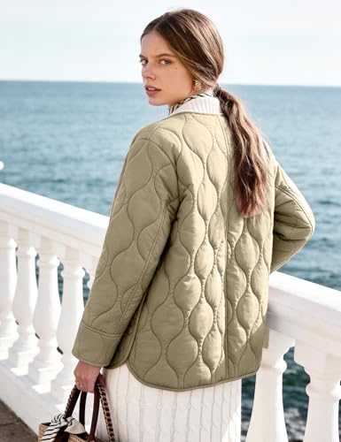 Flygo Womens Quilted Lightweight Jackets Oversized Puffer Coat with Pockets - color: Khaki, size: Small
