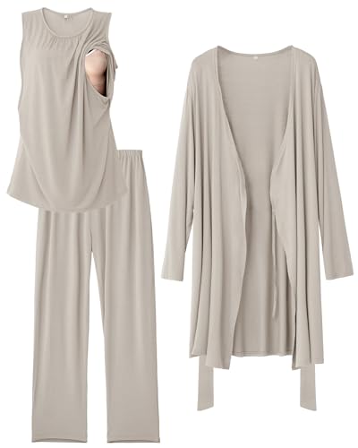 Rnxrbb 3 PCS Nursing Pajamas Robe Set Maternity Postpartum Pjs for Hospital - color: Beige, size: Small