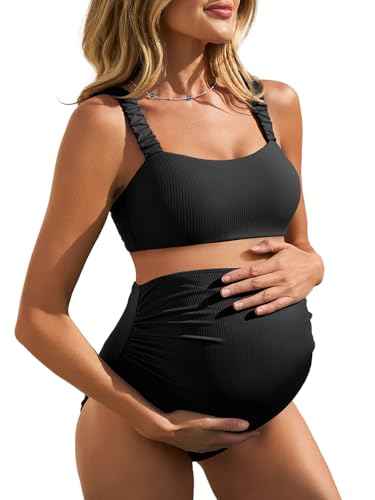 Summer Mae Ribbed Maternity Bikini Swimsuit Two-Piece Crop Top Bathing Suit - color: Black, size: 14