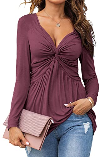 Tankaneo Women V-Neck Front Knotted Tshirt Long Sleeve Oversized Tunic Top - color: B22-fuchsia, size: Medium