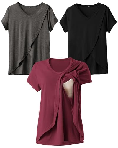 Rnxrbb Summer Nursing Tops Breastfeeding Tshirts Postpartum Clothes Sets - color: Black&purple Red&flecking Grey, size: Small