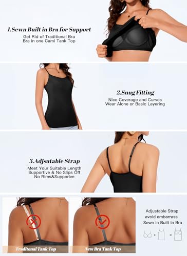 Womens Tank Tops Adjustable Strap Camisole with Built in Padded Bra Vest Sleeveless Layer Top 1/2/3 Packs - color: Black, size: Large