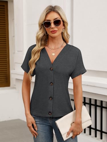 TICTICMISS Womens Summer Tops Short Sleeve Button Down V Neck T Shirts - color: Charcoal, size: Medium