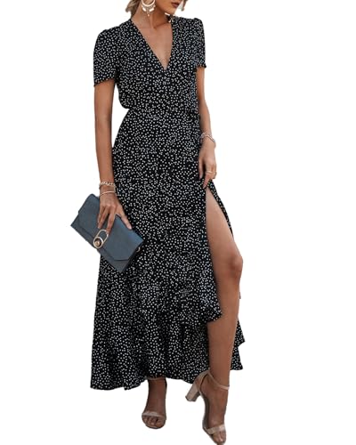 PRETTYGARDEN Women's Boho Floral Summer Maxi Dresses - color: Black/White, size: Small