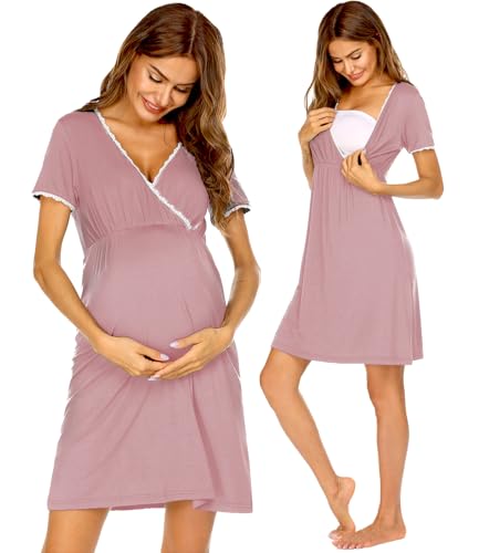 Ekouaer Nursing Nightgown Labor and Delivery Gown Dress Maternity Pajamas - color: Dusty Rose, size: XX-Large