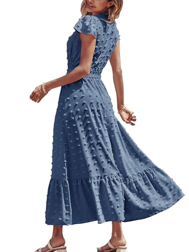 CzzzyL Women Nursing Dresses Cap Short Sleeve V Neck Swiss Dot with Pockets - color: Blue, size: Medium