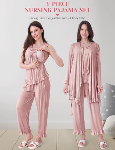 SUNNYBUY 3 PCS Ruffle Maternity Nursing Pajamas Set & Robe for Postpartum - color: Dusty Rose, size: Small