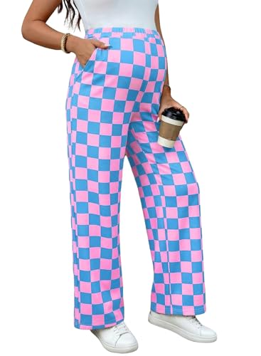 BLENCOT Womens Casual Checkered Pants for Maternity Elastic Waist Wide Leg Pants Grid Pregnant Trousers with Pockets - color: Blue Pink, size: Medium