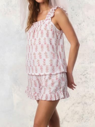 Women's Summer Pajama Set Cotton Ruffle Loungewear Sets - color: Pink Lotus, size: Medium