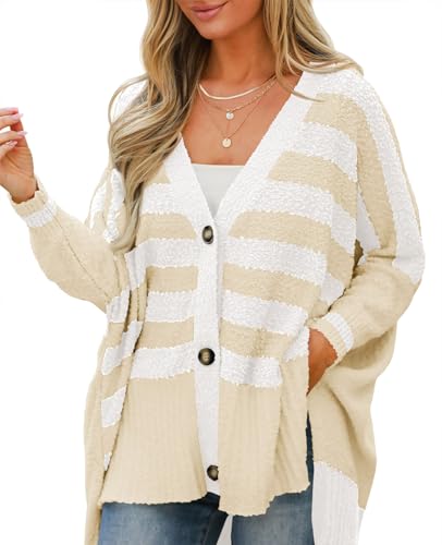 Saodimallsu Womens Oversized Striped Cardigan Fuzzy Knit Fall Sweaters - color: Apricot, size: Small