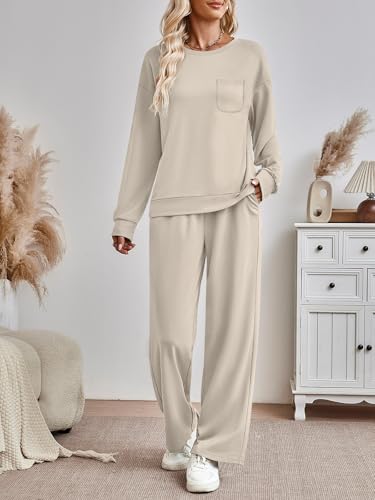 AUTOMET Womens Sweatsuits 2 Piece Lounge Matching Sweat Sets Fall Outfits - color: Khaki, size: Large