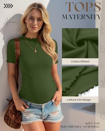 3 Pack Women's Ribbed Maternity Tops - color: Army Green, Beige, Mixed Black, size: Small