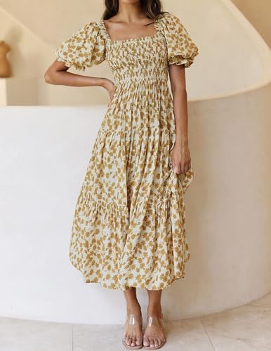 ZESICA Womens 2026 Summer Boho Floral Ruffle Maxi Dress - color: Beige, size: Medium