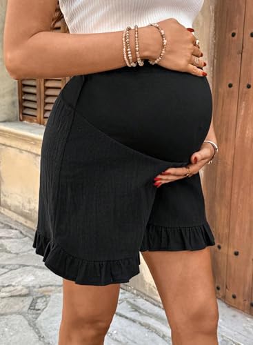 BLENCOT Maternity Shorts Over Belly Ruffle Hem Pregnancy Clothes - color: Black, size: Large