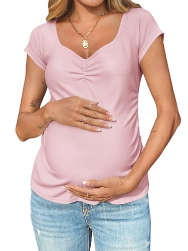 Tankaneo Womens Vneck Maternity Tops Cap Sleeve Fit Ribbed Pregnancy Tshirt - color: Pink, size: Medium