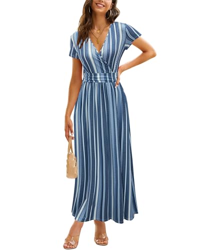 OUGES Women's Floral Maxi V-Neck Pockets Summer Casual Dress 2026 Daily - color: Blue Strips, size: Large