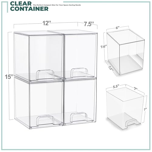 Sorbus Stackable Acrylic Storage Drawers, 4 Pack Clear Plastic Organizer Bins for Baby Bottles, Makeup, Bathroom, Vanity & Kitchen Countertop Organization, Pull-Out Drawer Design for Cabinets & Pantry - size: Tall, style: 4 Pack