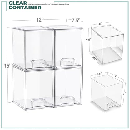 Sorbus Stackable Acrylic Storage Drawers, 4 Pack Clear Plastic Organizer Bins for Baby Bottles, Makeup, Bathroom, Vanity & Kitchen Countertop Organization, Pull-Out Drawer Design for Cabinets & Pantry - size: Tall, style: 4 Pack