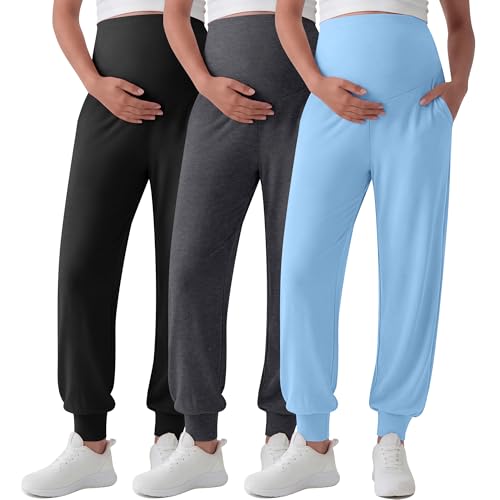 3 Pack Women's Maternity Pants Pregnancy Joggers - color: Light Blue, Dark Heather Gray, Black, size: Small
