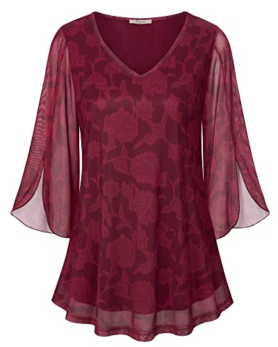 Bebonnie Womens Ruffle 3/4 Sleeve V Neck Double Layers Mesh Blouses Loose Fit Flowy Tunic Tops - color: Berry Red, size: Medium