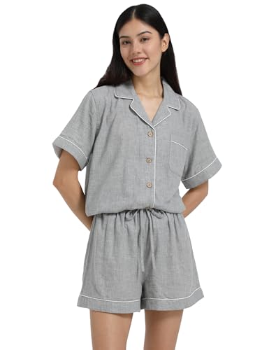 Womens Muslin Pajama Sets 100% Cotton Double Gauze Linen Like Short Pjs - color: Heathered Light Grey, size: Medium