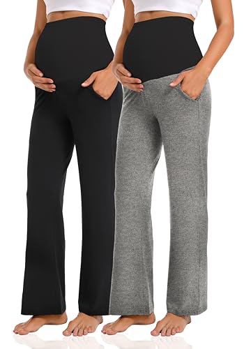 V VOCNI Maternity Pants Wide Leg Work Dress Pregnancy Trousers - color: 2pcs Black/ Hemp Grey, size: X-Large