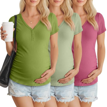 3 Pack Women's Maternity Shirts - color: Avocado Green, Light Green, Rose Pink, size: Small