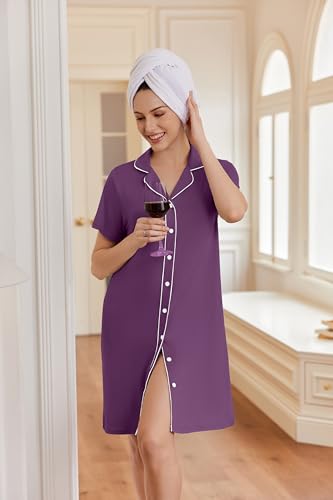 Ekouaer Womens Nightgown Button Down Short Sleeve Notch Collar Sleep Shirt - color: Purple, size: Small