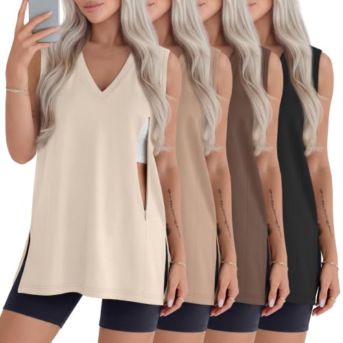 4 Pack Womens Nursing Oversized Tank Tops - color: Cream, Khaki, Coffee, Black, size: X-Large