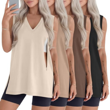 4 Pack Womens Nursing Oversized Tank Tops - color: Cream, Khaki, Coffee, Black, size: Large