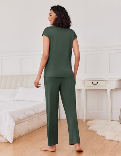 Ekouaer 2 Packs Pajamas for Women Set Cap Sleeve Top and Pants Lounge Set - color: Deep Grey/Deep Green, size: Small