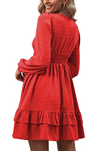 Rooscier Women's Wrap V Neck Swing Ruffle Swiss Dots Long Sleeve Mini Dress - color: True Red, size: Small