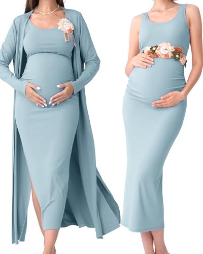 Rnxrbb 2 PCS Summer Fall Maternity Dresses Long Cardigan Set for Women - color: Light Blue, size: Large