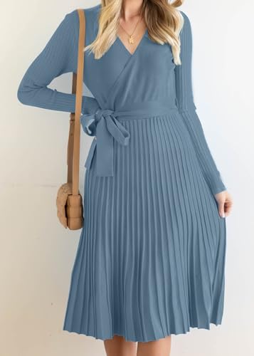 ZESICA Women's Long Sleeve Wrap Sweater Midi Dress with Belt - color: Dustyblue, size: X-Large