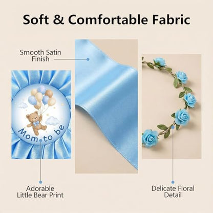 Bearly Wait Mom to Be Sash Teddy Bear Baby Shower Decor Set - color: Blue
