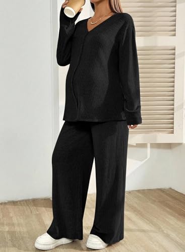 BLENCOT Maternity Lounge Set 2 Piece Long Sleeve Top and Pants with Pockets - color: Black, size: Medium