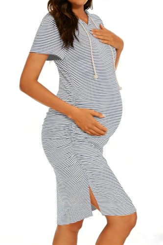 Women's Maternity Hoodie Dress Short Sleeve Split Side Ruched Pregnancy Clothes - color: Pinstripe, size: Large