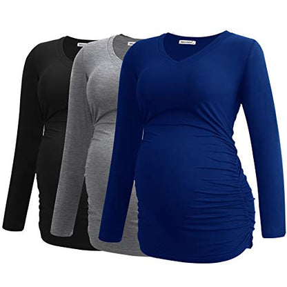 Smallshow Women's V-Neck Maternity Shirt Clothes Long Sleeve Ruched Pregnancy Top - color: Black-light Grey-navy(3 Pack), size: X-Large
